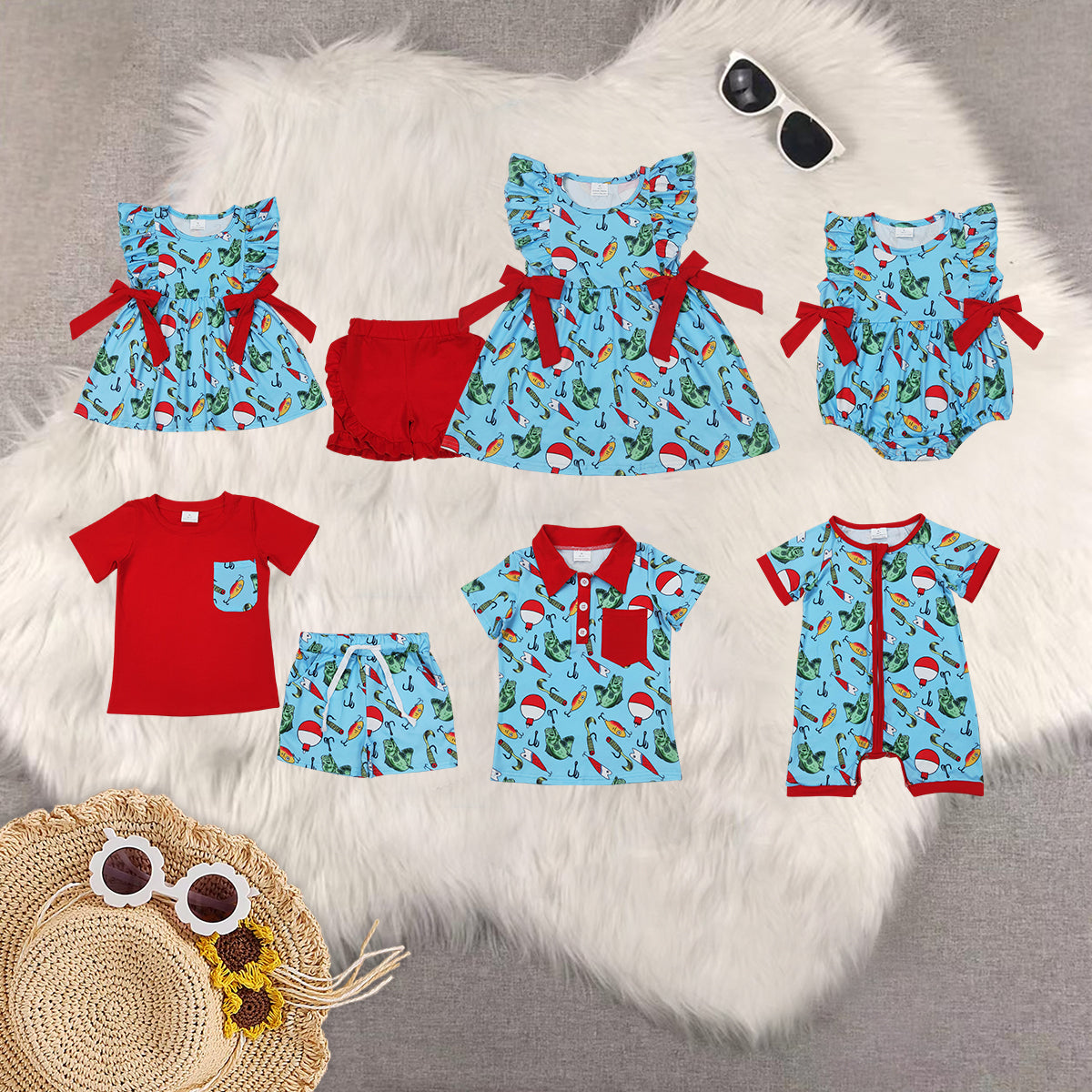 RTS Boys and girls fishing Short Sleeve Shorts sets dress romper tops