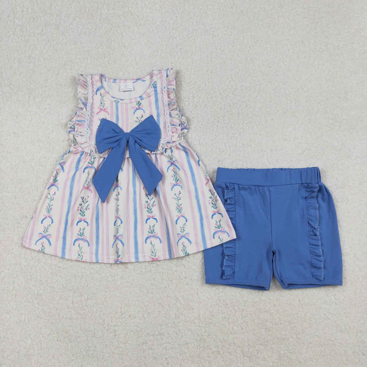 RTS NO MOQ（In Stock) GSSO2533 Powder Blue Bow Pattern Striped Floral Lace Sleeve Shorts Set