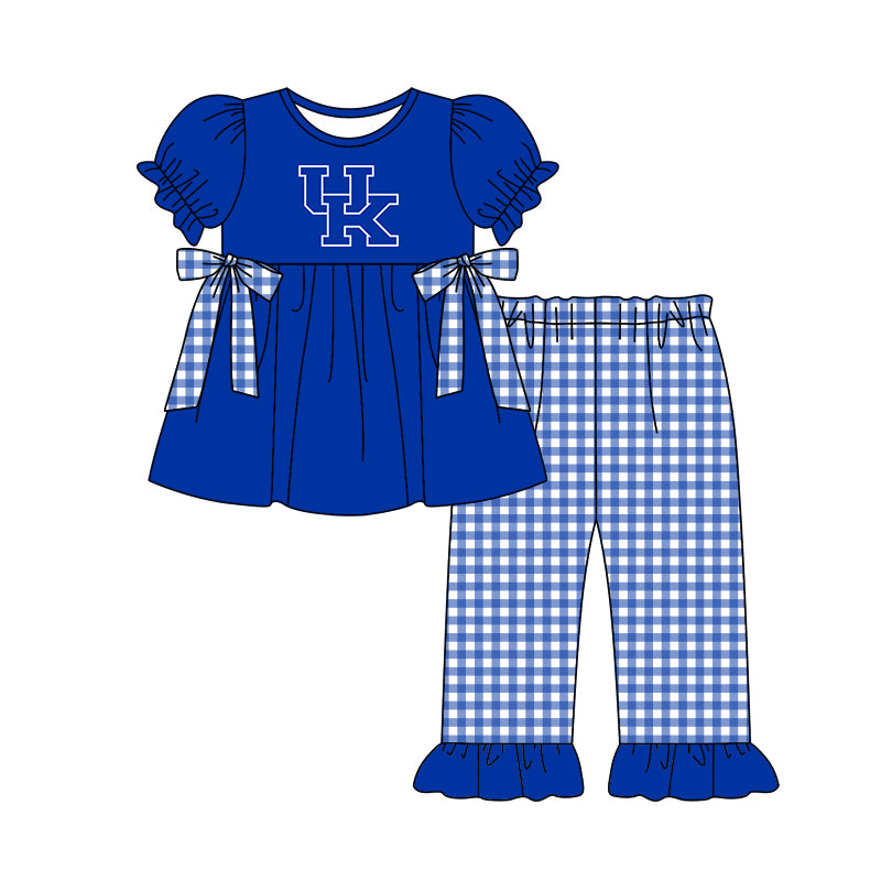 Custom moq 5 mix size milk silk summer teams baby girl clothes blue short sleeve pants sets