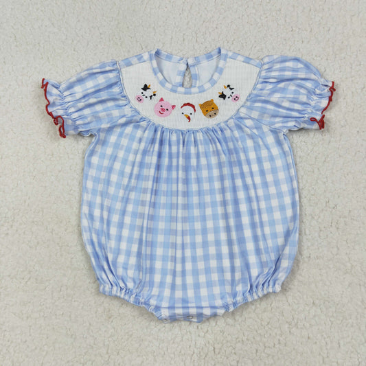 RTS NO MOQ（In Stock) SR2981 Smocked embroidered farm animals blue and white plaid short-sleeved jumpsuit