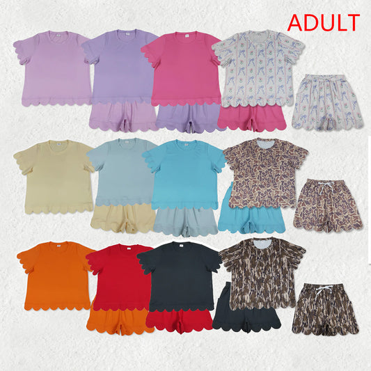 RTS NO MOQ Sibling Adult Women's Short Sleeve Shirt Top with Pockets Short Scallop Clothes Set