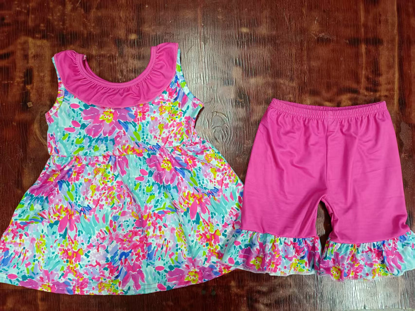 Custom moq 3 eta 6-7weeks baby girls clothes floral pattern sleeveless shorts sets