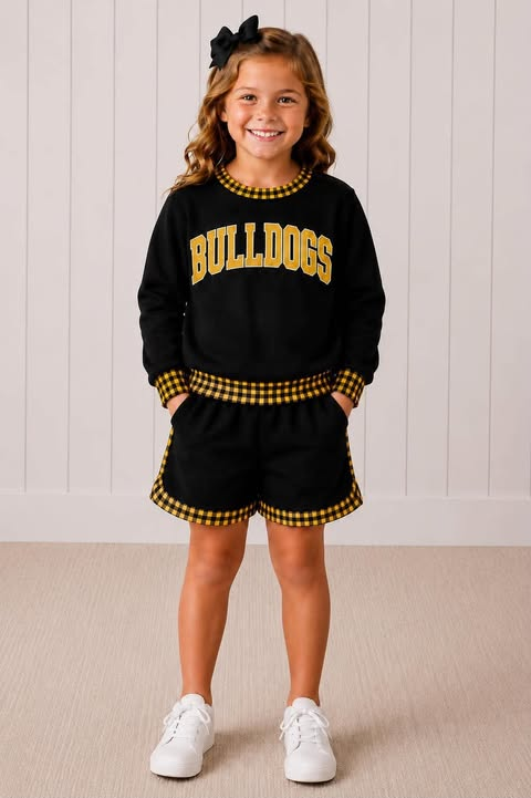 custom moq 5 mix size BAMA0101 Baby Girls Letter Print Crew Neck Sweatshirt Pocket Shorts Team Outfit Set