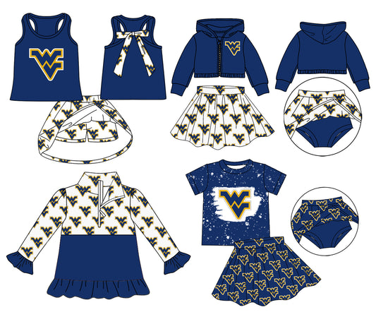 Custom moq 5 mix size milk silk summer teams baby girls clothes dark blue hooded long sleeve brief sets 2 and skirts sets and tops-25.9.2