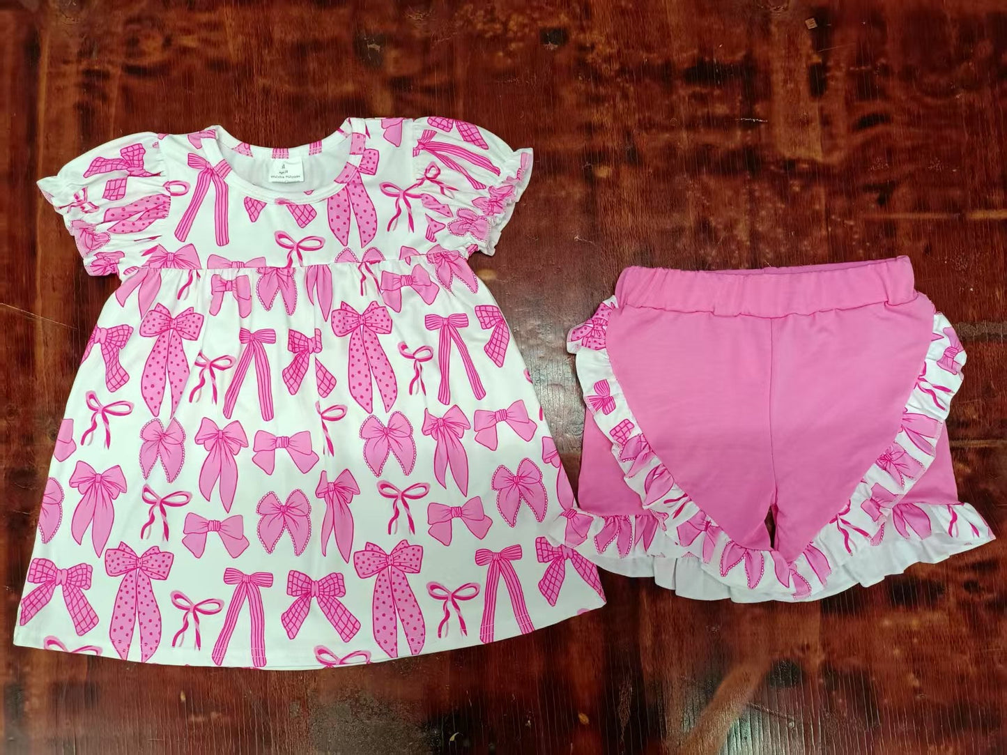 Custom moq 3 eta 6-7weeks baby girls clothes  bow pink short sleeve shorts sets-25.5.10
