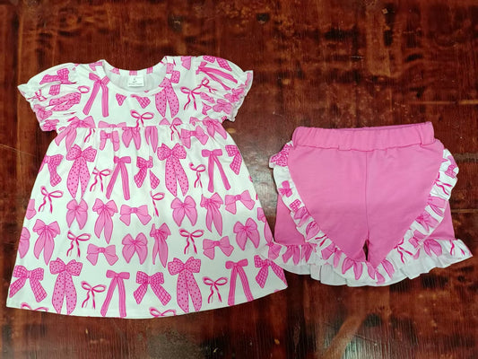 Custom moq 3 eta 6-7weeks baby girls clothes  bow pink short sleeve shorts sets-25.5.10