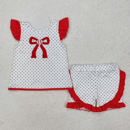 RTS NO MOQ（In Stock ) Embroidered baseball red bow polka dot white flying sleeve shorts set