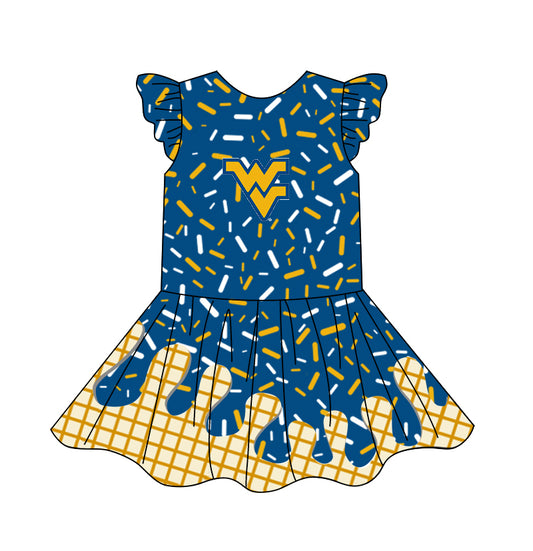 custom moq 3 eta 6-7weeks baby girls clothes team blue flying Sleeves Dress