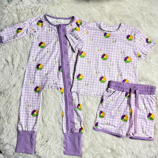 RTS NO MOQ Sibling Baby girl clothes Mardi gras short-sleeved shorts suit & rompers and dress