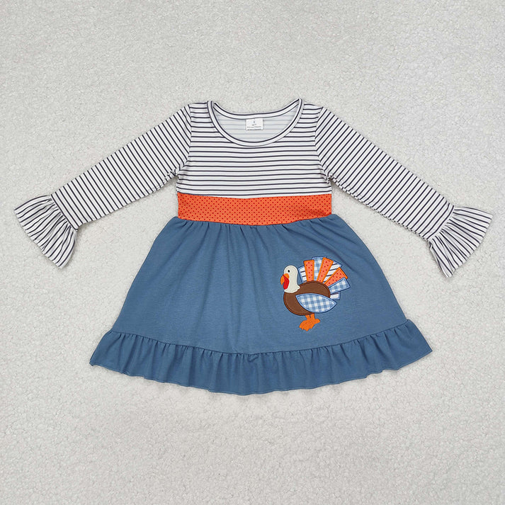 RTS NO MOQ Embroidered turkey pattern denim blue long-sleeved suit & romper & overalls & dress