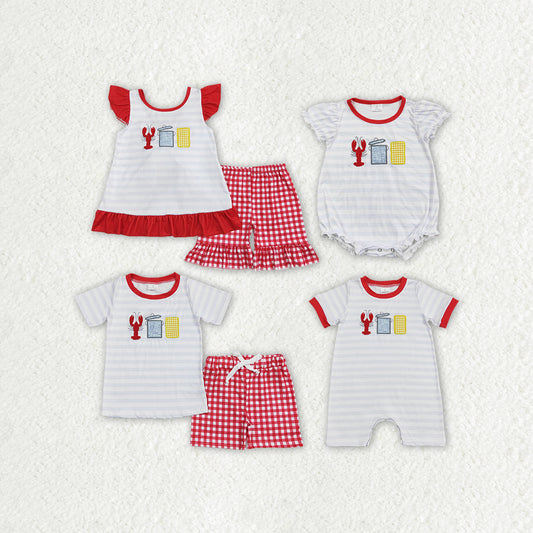 RTS NO MOQ Embroidery crayfish short-sleeved shorts suit & short-sleeved sets and romper