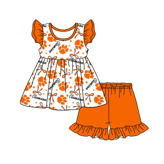 custom moq 3 eta 6-7weeks baby girls clothes team bow orange short Sleeves Shorts Set