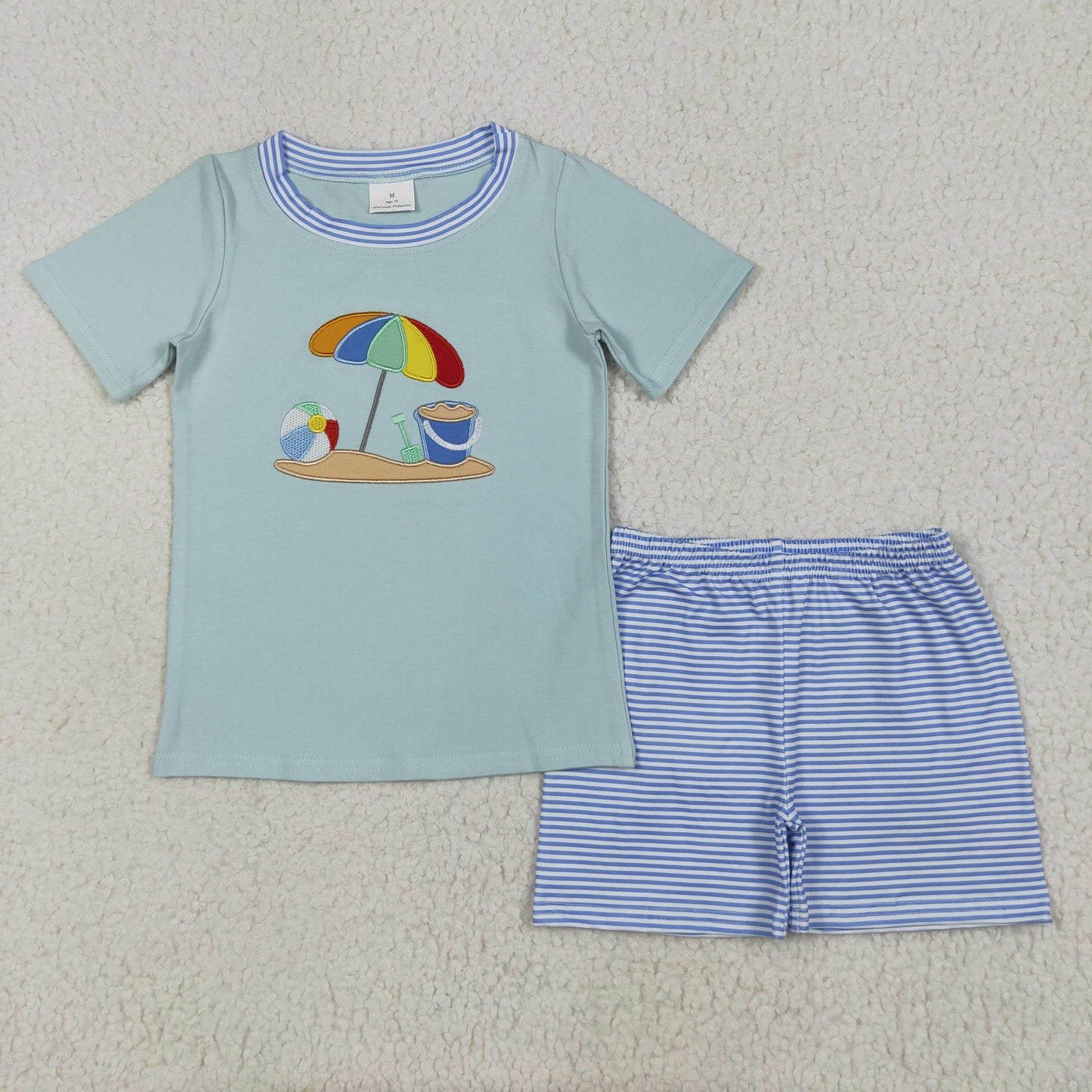 RTS NO MOQ BSSO1485 Embroidered beach ball parasol short sleeve blue striped shorts set