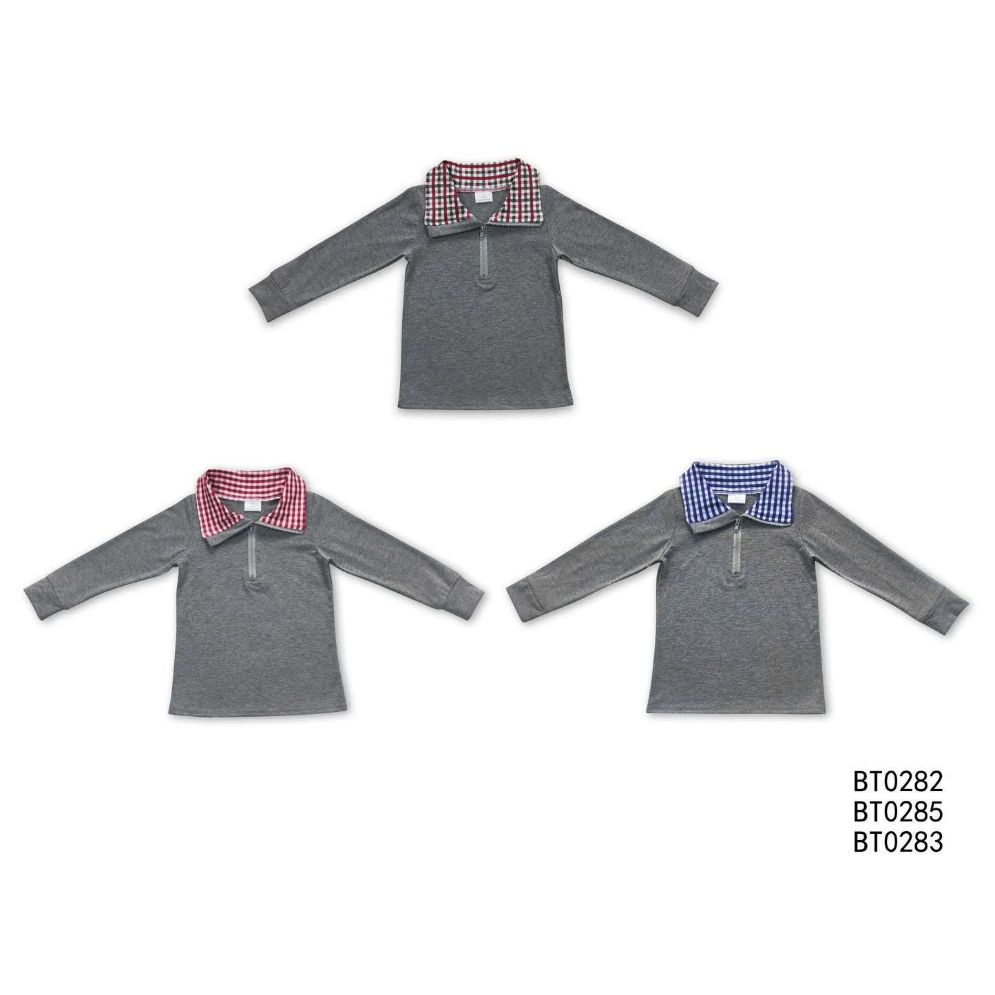 RTS NO MOQ BT0282 BT0285 BT0283 Grey plaid zip-up collar long-sleeved pullover top