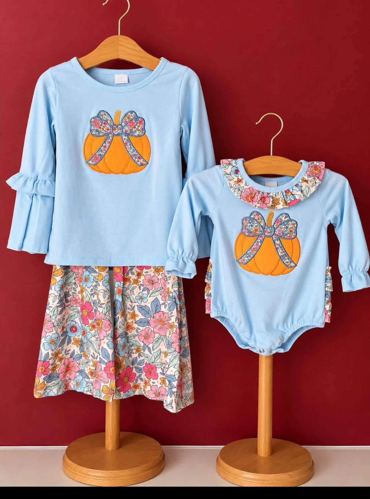 RTS NO MOQ Sibling milk silk Embroidery Baby Girls Blue Long Sleeve Pumpkin Bow Top Pant Set Romper Fall Clothes