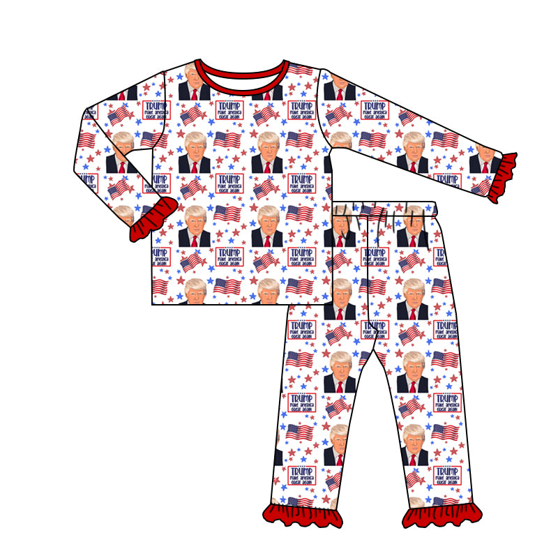 Deadline November 21 custom no moq eta 6-8weeks National flag-Trump-five-pointed star red lace white long-sleeved trousers pajama set