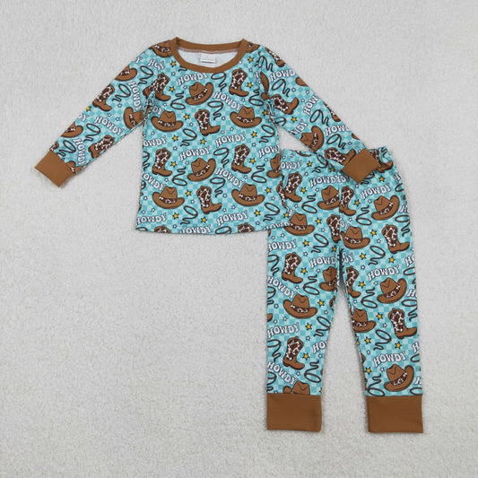 RTS NO MOQ（In Stock) BLP1207 Howdy cowboy hat, boots, teal plaid long-sleeved pants pajama set