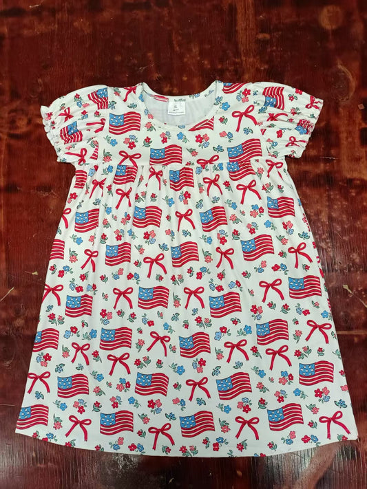 Custom moq 3 eta 6-7weeks baby girl clothes bow flag floral short sleeve dress-25.5.10