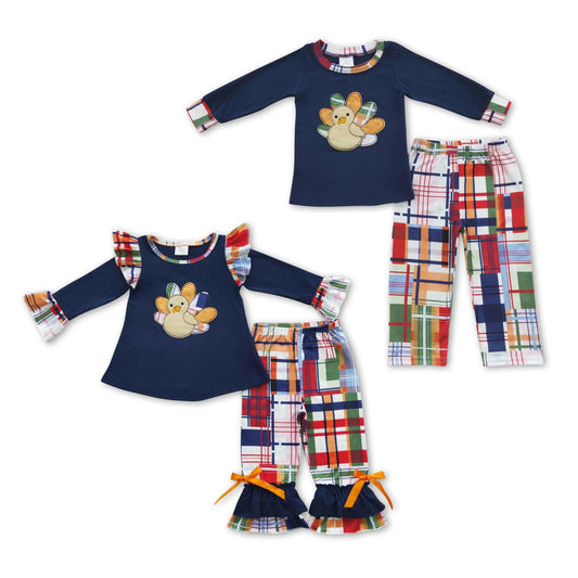 RTS NO MOQ GLP0472 BLP0191 Dark blue long-sleeved suit with embroidered turkey pattern