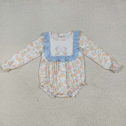 RTS NO MOQ（In Stock ) LR2256 Pumpkin leaf blue bow pattern lace white long-sleeved jumpsuit