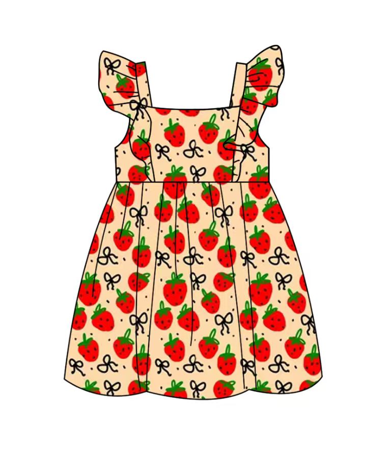 Custom moq 5 mix size milk silk baby girl clothes strawberry bow flying sleeve shorts sets and dresses 2