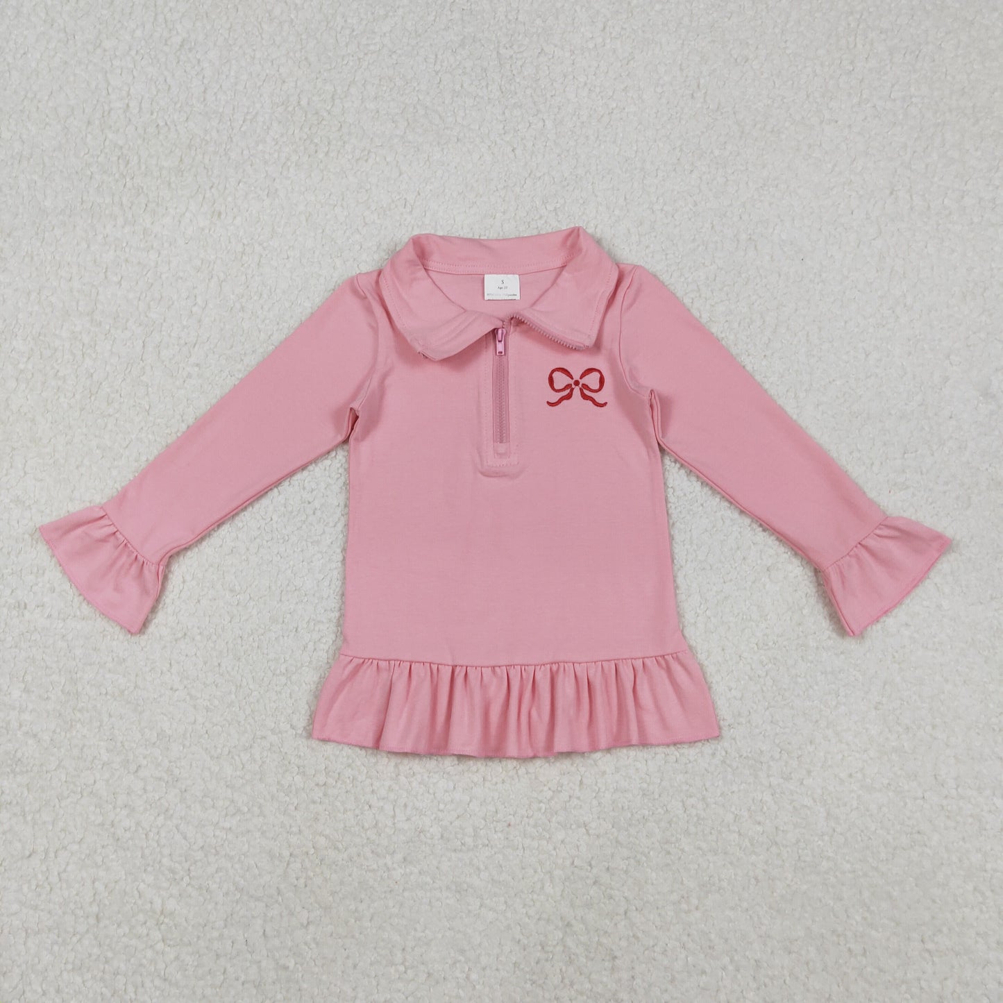 RTS NO MOQ（In Stock) GT1270 Embroidered Red Bow Pink Lace Zipper Long-Sleeved Top