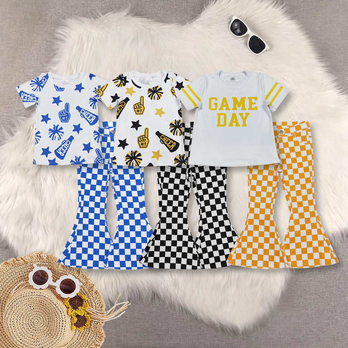 RTS NO MOQ Sibling baby girl clothes cheer short-sleeved top and jeand pants