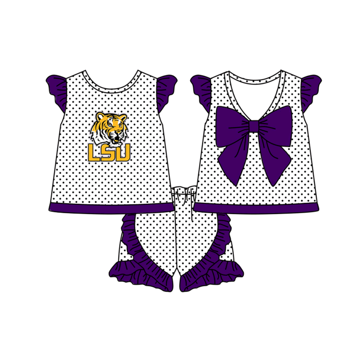 Deadline September 27 custom no moq eta 6-8weeks Tiger head pattern purple polka dot flying sleeves big bow top - purple pleated petal edge shorts set