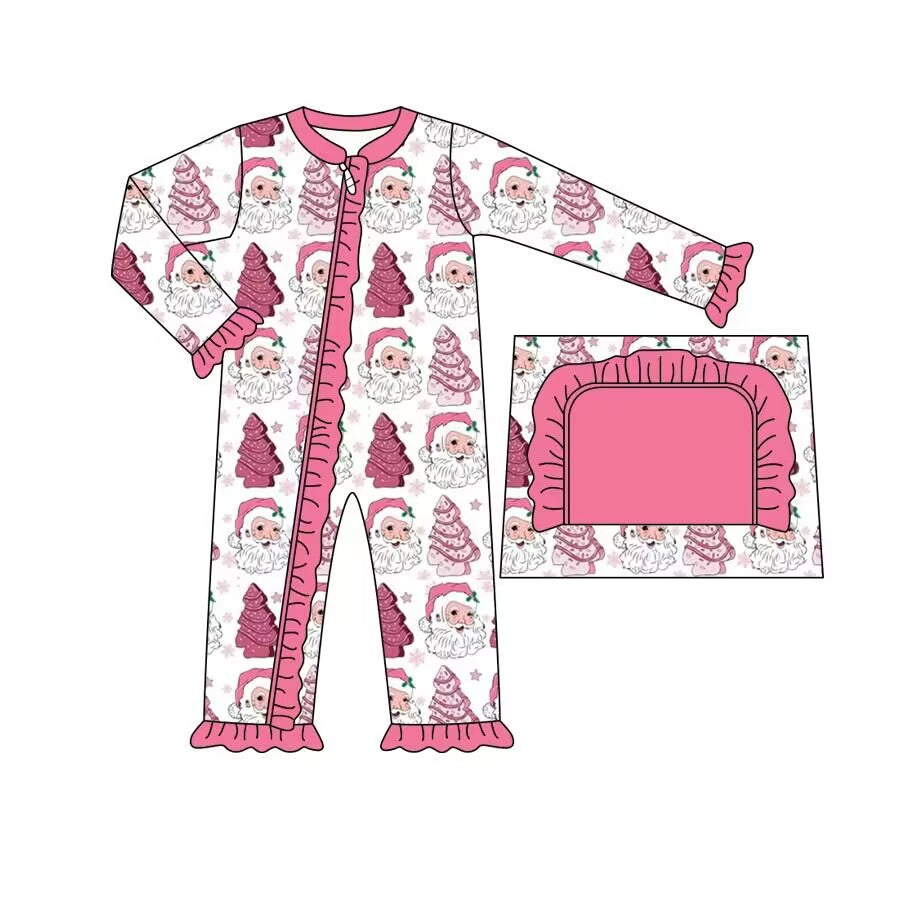 Deadline  September 19 custom no moq eta 6-8weeks Pink Santa Claus Christmas Tree - Ruffled Lace Cuffs Zipper Long Romper