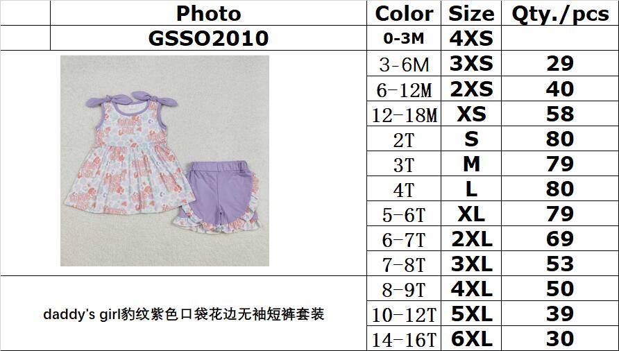 RTS NO MOQ ETA 5/7days Arrived GSSO2010 daddy's girl leopard purple pocket lace sleeveless shorts set