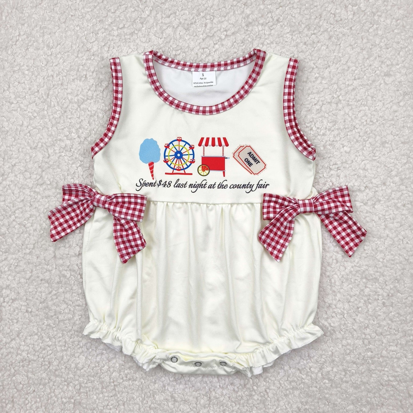RTS NO MOQ SR3037 Ferris wheel lettering red plaid bow beige vest jumpsuit