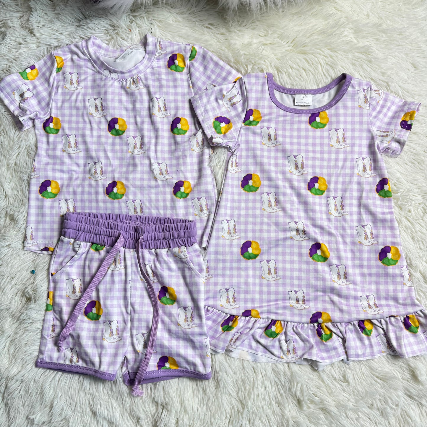 RTS NO MOQ Sibling Baby girl clothes Mardi gras short-sleeved shorts suit & rompers and dress