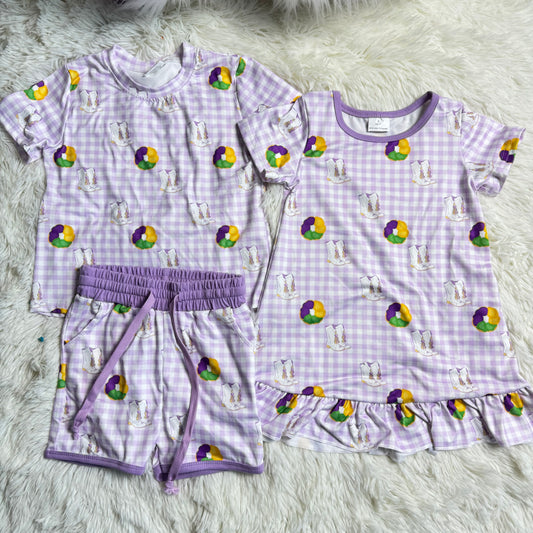 RTS NO MOQ Sibling Baby girl clothes Mardi gras short-sleeved shorts suit & rompers and dress