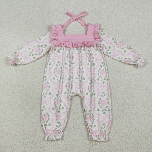 RTS NO MOQ（In Stock ) LR2255 Pumpkin leaf pink bow pattern lace lace long-sleeved jumpsuit