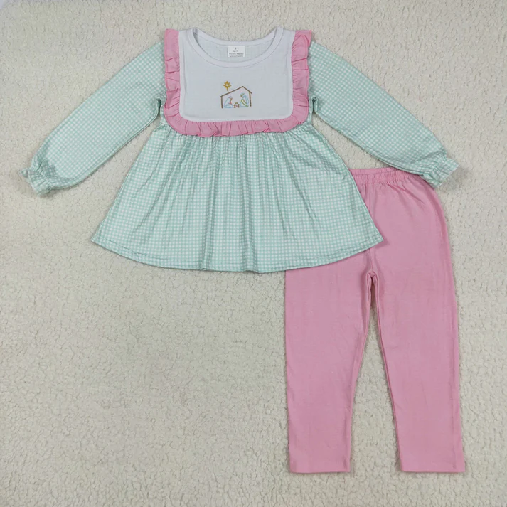 RTS NO MOQ Sibling Baby girls clothes embroidery Christmas long-sleeved trousers suits