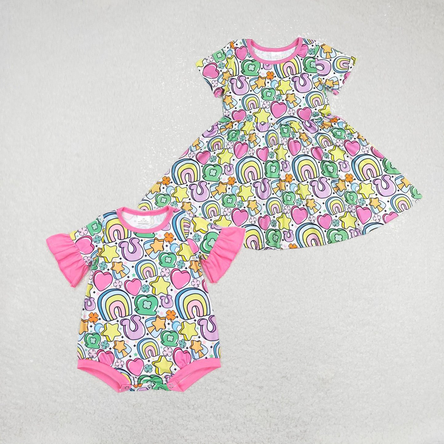 RTS NO MOQ Baby Girls rainbow short sleeve Rompers Dresses