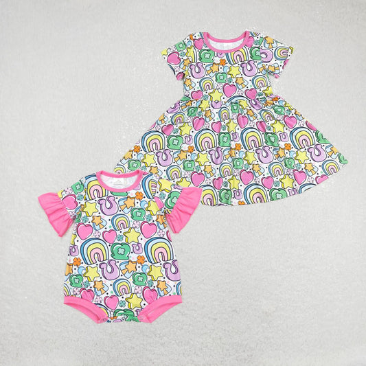 RTS NO MOQ Baby Girls rainbow short sleeve Rompers Dresses