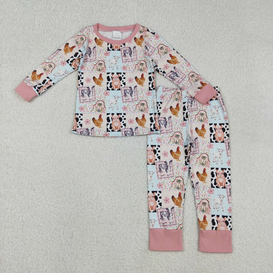 RTS NO MOQ（In Stock)  Farm Animal Patchwork Floral Pink Long-Sleeve Pants Pajama Set