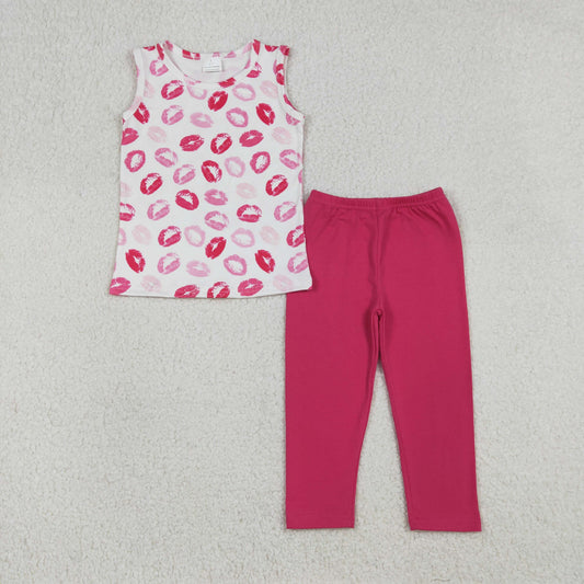 RTS NO MOQ（In Stock) White vest with lipstick print Solid color fuchsia trousers set