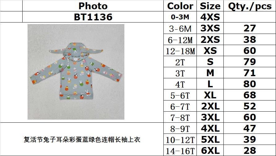 RTS NO MOQ ETA 5/7days Arrived BT1136 Easter bunny ear egg blue green hooded long sleeve top
