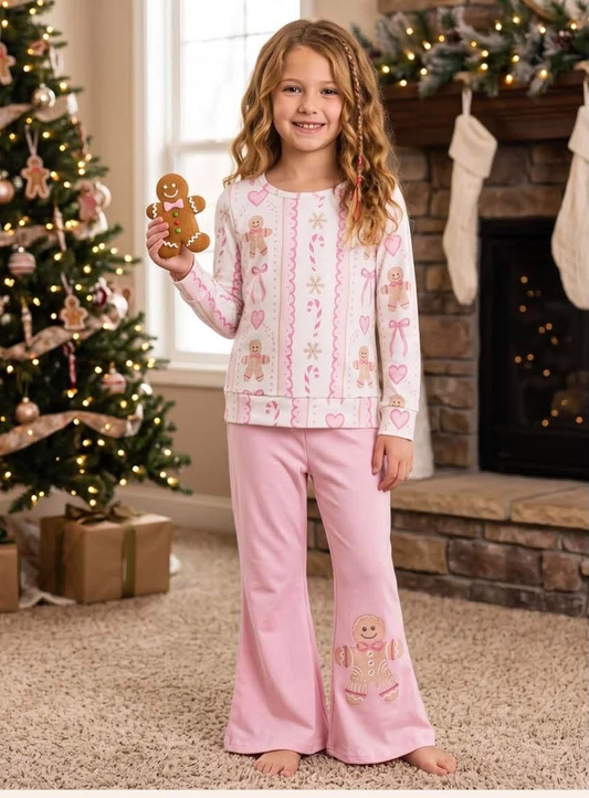NEW RTS NO MOQ milk silk GLP3540 Baby Girls Pink Gingerbread Man Candy Cane Bow Print Long Sleeve Top Pink Flare Bell Bottom Pants Christmas Set