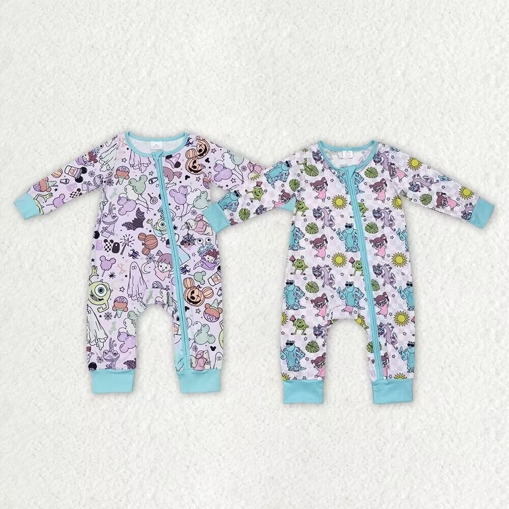 RTS NO MOQ LR0969 LR0988 Little Girls Pattern Light Purple Long Zipper Romper