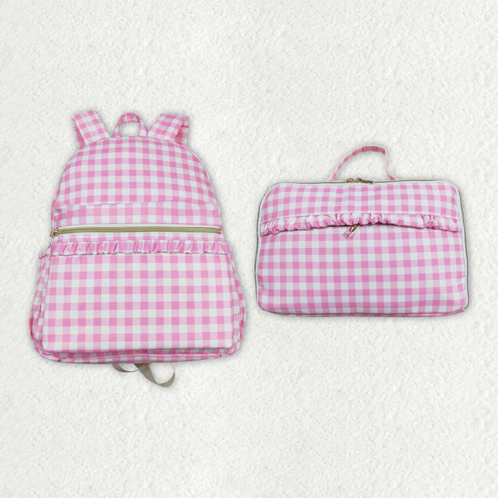 RTS NO MOQ baby girl clothes pink and white plaid Backpack and lunch box