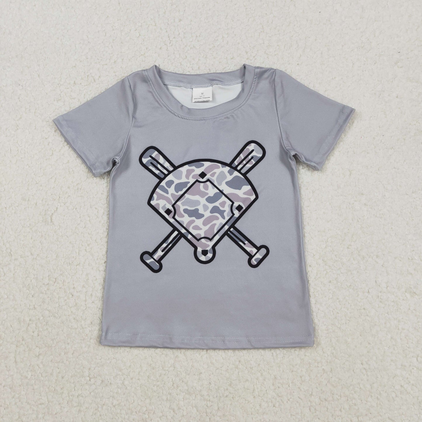 RTS NO MOQ（In Stock) Gray-blue camouflage fan-shaped baseball short-sleeved top