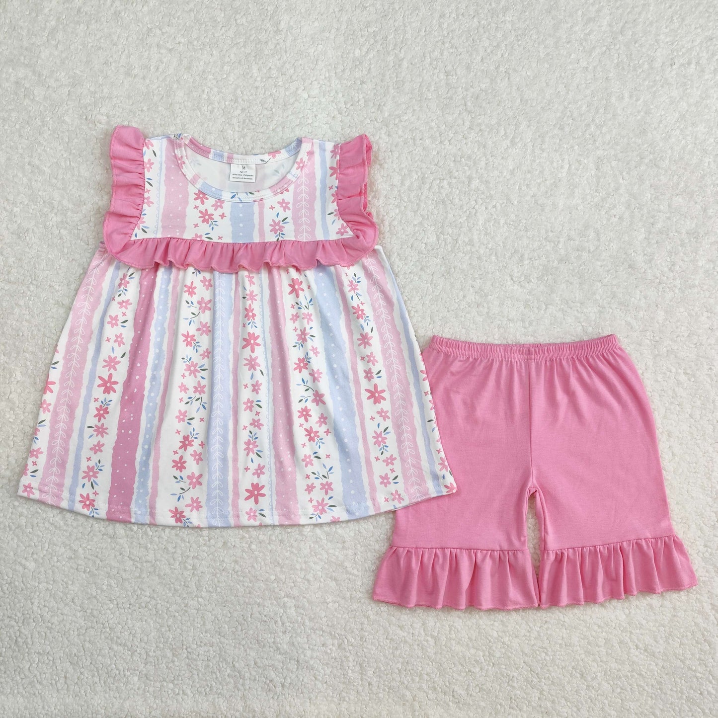 RTS NO MOQ ETA 5/7days Arrived GSSO2012 Flower pink and blue striped lace sleeveless shorts set