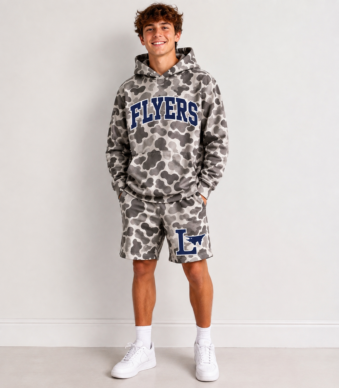 custom moq 5 mix size RLES0105 Adult To Match Kids Team Letter Camo Print Hooded Casual Shorts Outfit
