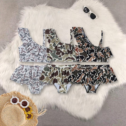 RTS NO MOQ baby girl clothes camouflage Short Skirt Set & Swimsuit