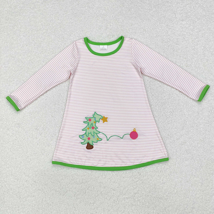RTS NO MOQ Embroidered Lights Christmas Tree Striped Long Sleeve Dress & Top