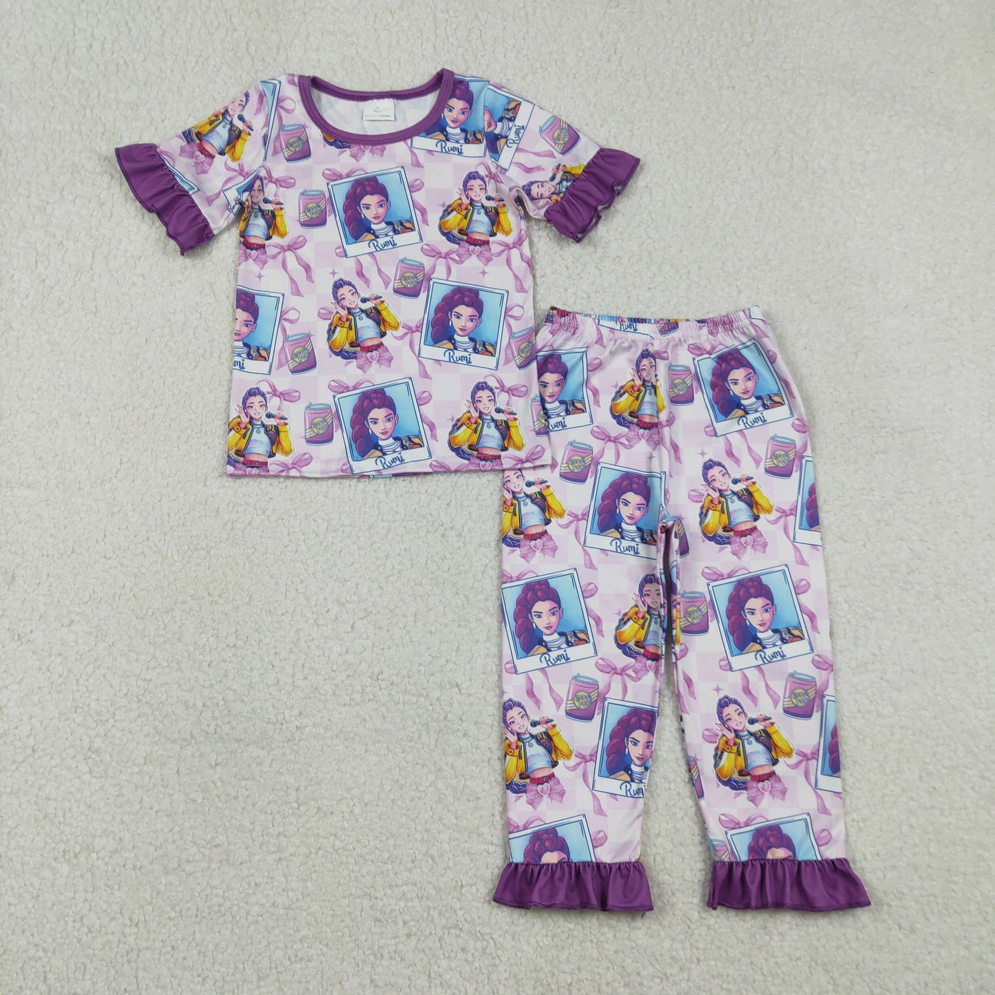 12/18m-14/16t RTS NO MOQ（In Stock) Kpop Photo Bow Pattern Plaid Purple Lace Short-Sleeved Pants Pajama Set