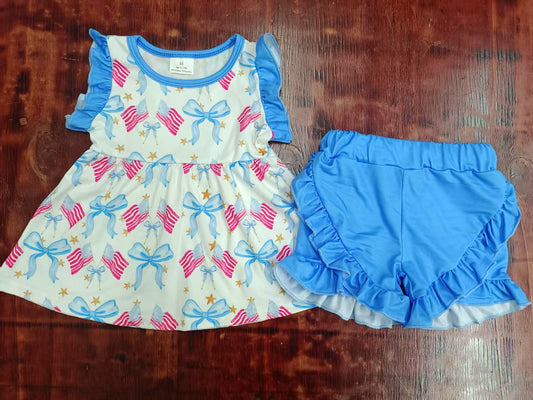 Custom moq 3 eta 6-7weeks baby girls clothes flag bow sleeveless shorts sets